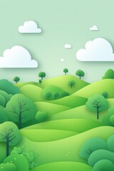 Lush green hills with gentle trees and soft clouds on a serene day in a digital landscape