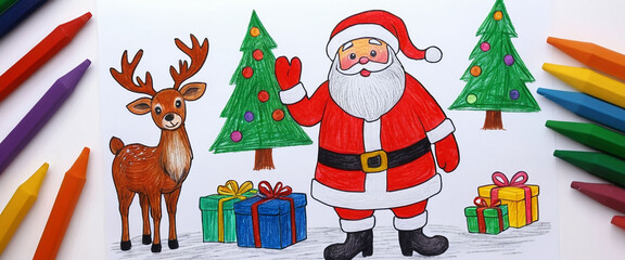 Fototapeta premium kid drawing cute cartoon Santa Claus with reindeer and grungemas tree on merry Christmas