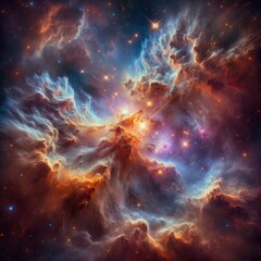 Fototapeta premium Cosmic Nebula: A Realistic Depiction of a Vast Celestial Scene with Vibrant Gas Clouds, Swirling Textures, and Radiant Stars Illuminating the Depths of Space
