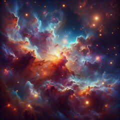 Cosmic Nebula: A Realistic Depiction of a Vast Celestial Scene with Vibrant Gas Clouds, Swirling Textures, and Radiant Stars Illuminating the Depths of Space
