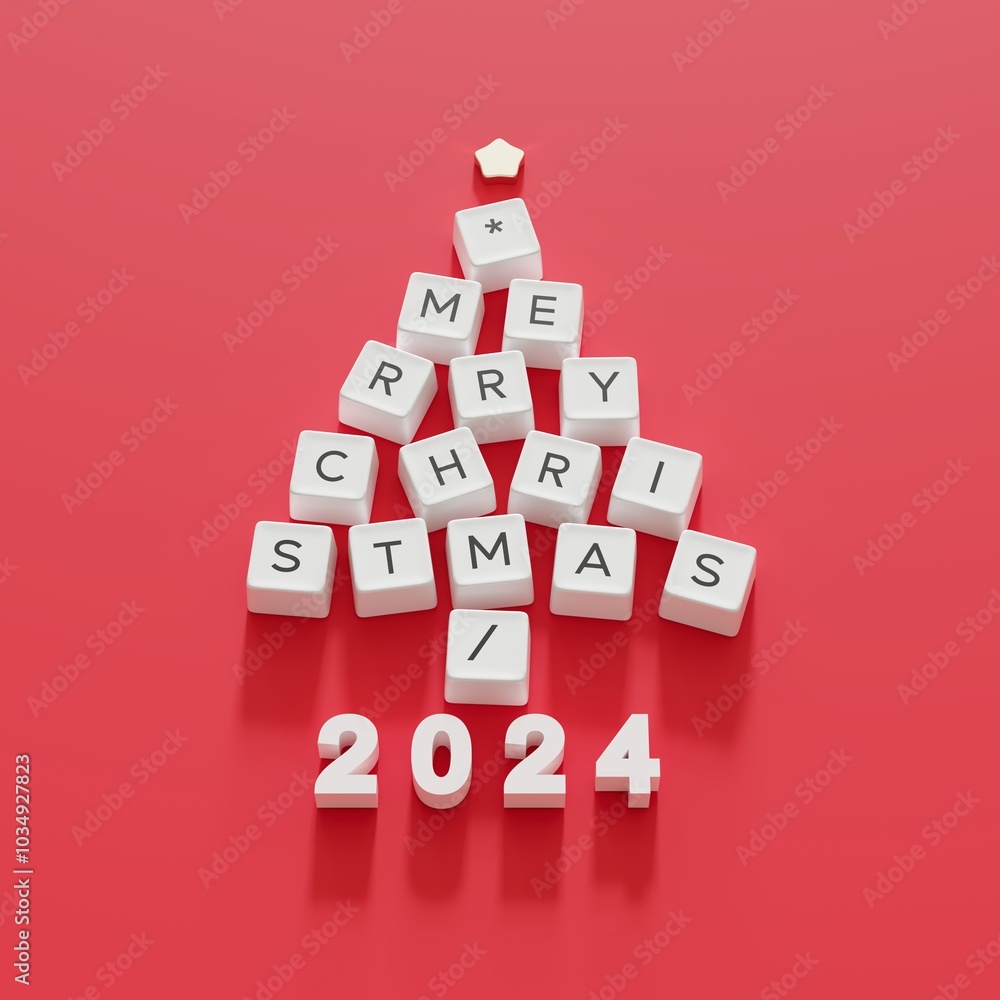 Fototapete christmas tree symbol made by white computer keys cap on red color background. minimal happy new yea