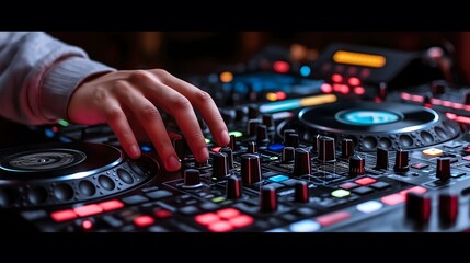 DJ hand mixing on turntables, vibrant music scene for nightlife enthusiasts, print for National DJ Day