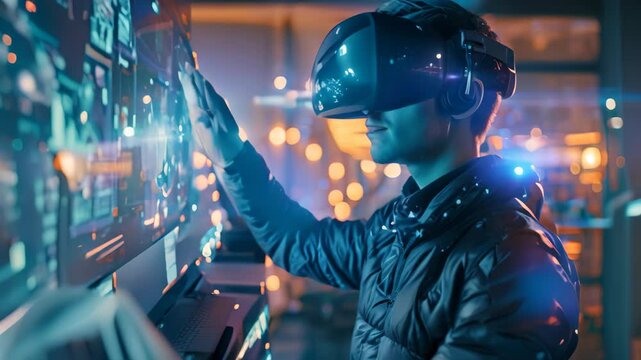 A man immersed in virtual reality as he wears a headset and explores a virtual world, An individual using a virtual reality interface to interact with a holographic blockchain