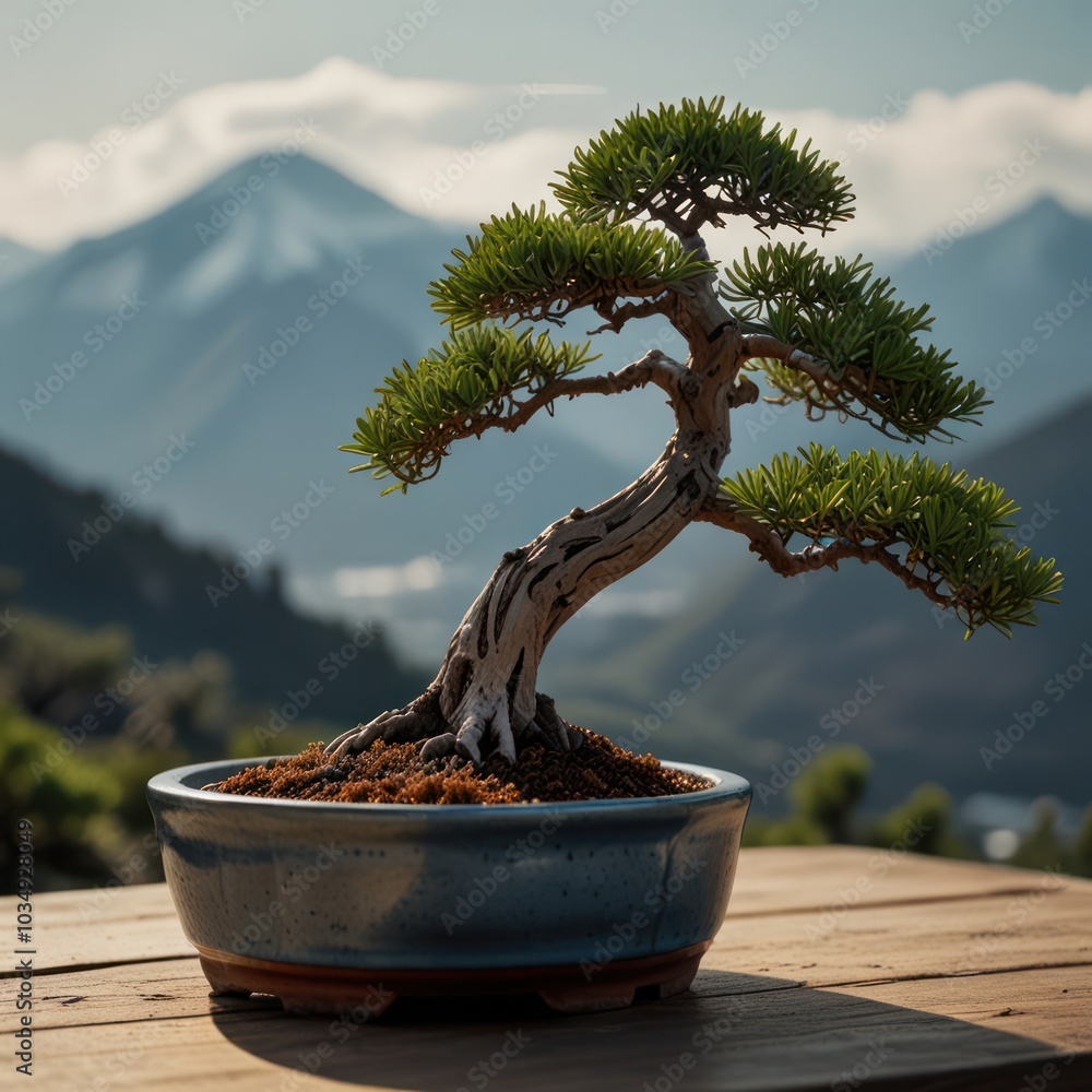 Poster a bonsai tree in a pot with a mountain range in the background.