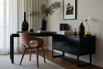 Modern Minimalist Home Office with a Stylish Design Chair and Artistic Accents