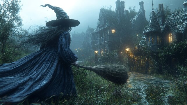 Witch Flying Through a Misty Village at Night