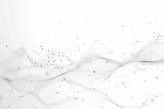 Abstract white background with connected dots and lines forming a wavy pattern.