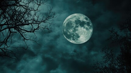 Curtains Eerie night sky illuminated by a full moon evoking themes of horror and the Halloween spirit