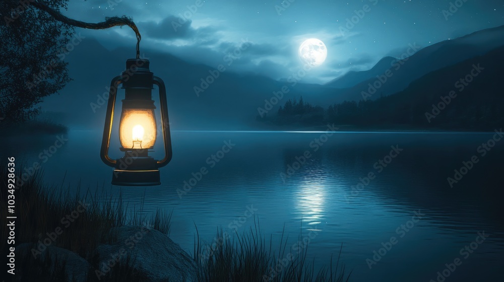 Aufkleber moonlit lake featuring a glowing lamp and a greeting with ample space for text