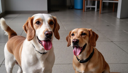 Two happy dogs sitting indoors on tiled floor