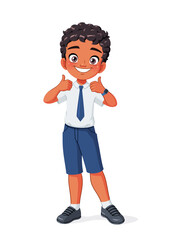 Cute little Indian school boy showing thumbs up. Cartoon vector illustration.