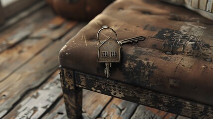 Naklejka premium A house keychain is laid gently on an ottoman made of worn timber