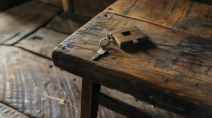 A house keychain is laid gently on an ottoman made of worn timber