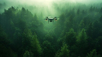 A drone glides over a lush forest in the early morning, surrounded by mist and towering trees, showcasing the beauty of nature from above.