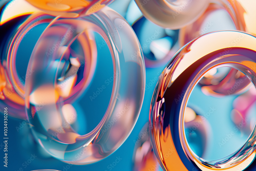 Poster abstract background 3d floating rings with glossy surfaces and soft reflections.