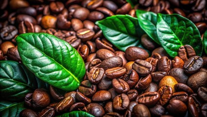 Obraz premium Close-Up Macro Shot of Dark Brown Raw Coffee Beans with Green Leaves for Grinding Process in Night Photography, Capturing the Rich Textures and Natural Beauty of Coffee Preparation
