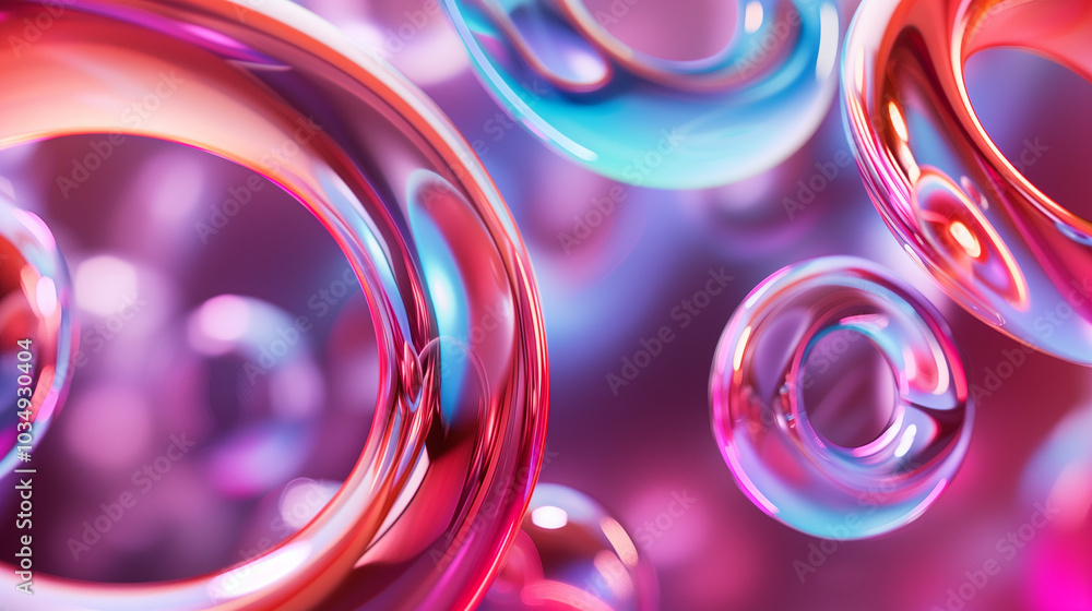 Poster abstract background 3d floating rings with glossy surfaces and soft reflections.