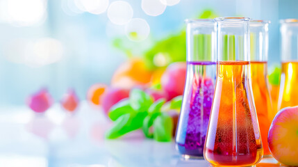 Brightly colored liquids fill several glass beakers, showcasing vibrant hues against a backdrop of fresh fruits, creating an inviting laboratory atmosphere