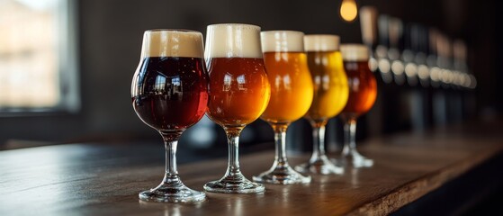 A vibrant selection of craft beers in various styles showcased on a rustic wooden bar in a brewery