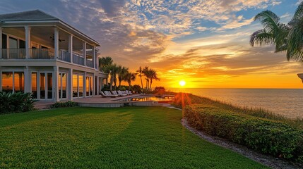 Fototapeta premium Serene Sunset Over Coastal Home with Beautiful Landscape