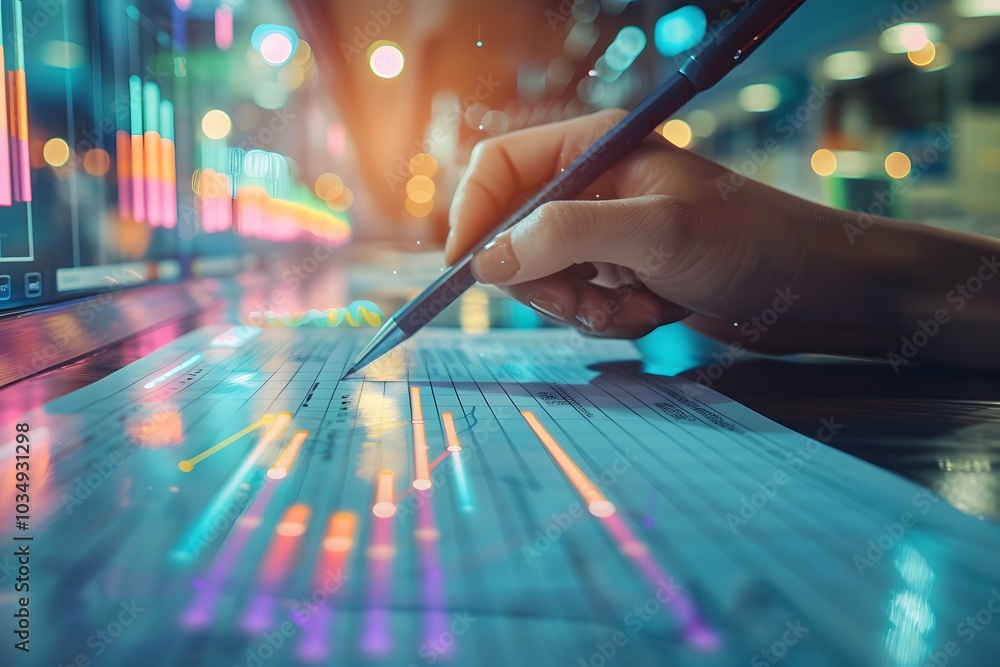 Poster analyzing data trends with precision: a close-up of financial analysis