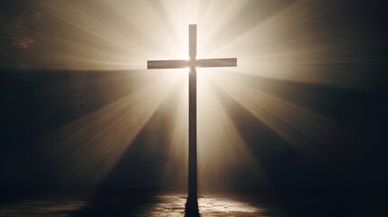 Naklejka premium Silhouette Holy cross concept symbol on top mountain&nbsp;Resurrection background with sunlight