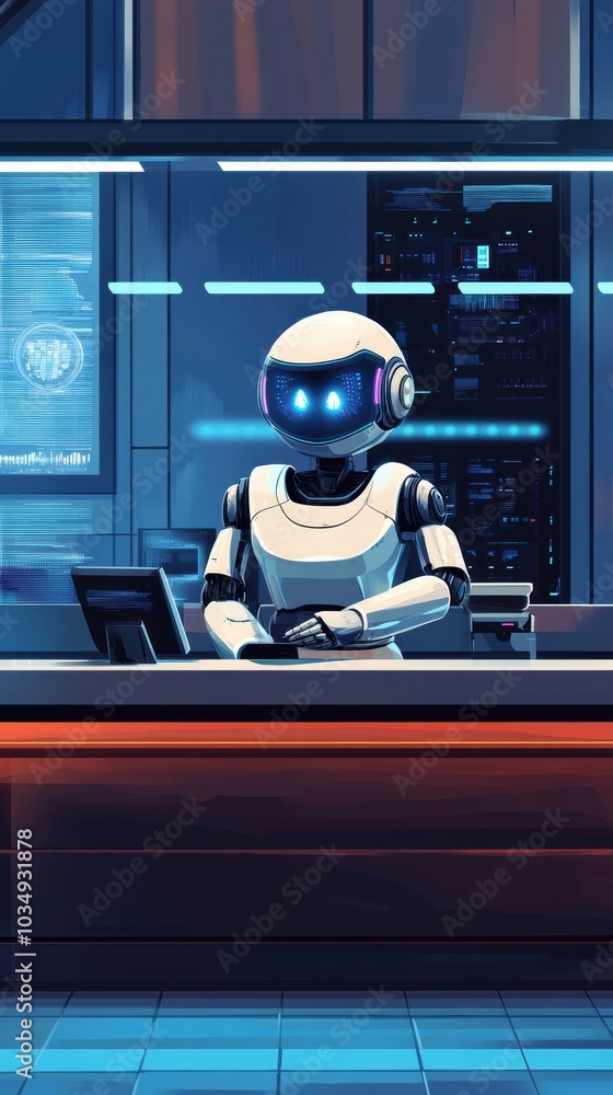 Aufkleber a futuristic ai-powered customer service robot standing behind a reception desk in a high-tech offic