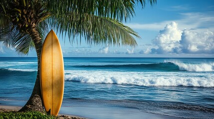 Serene Beach Scene with Surfboard and Palm Tree