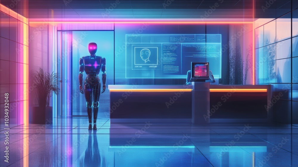 Poster a futuristic ai-powered customer service robot standing behind a reception desk in a high-tech offic