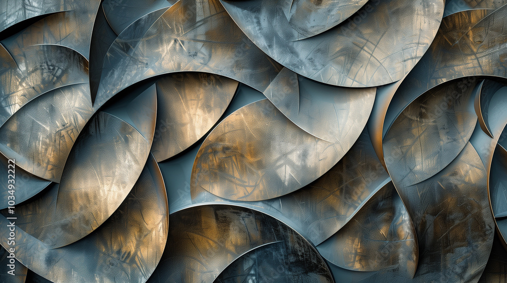 Poster abstract background with interlocking shapes in metallic finishes.