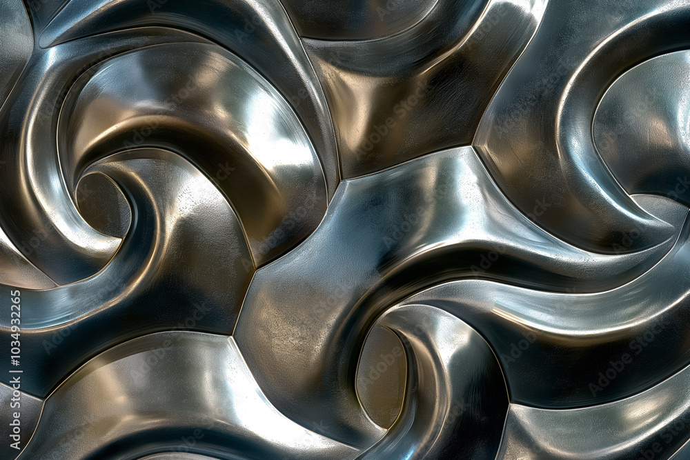 Poster abstract background with interlocking shapes in metallic finishes.