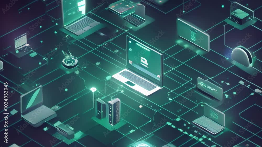 Poster a laptop surrounded by various electronic devices, background showing internet of things connection 