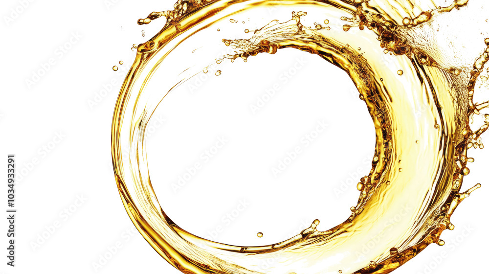 Poster circular splashes of olive oil creating mesmerizing patterns on white generative ai