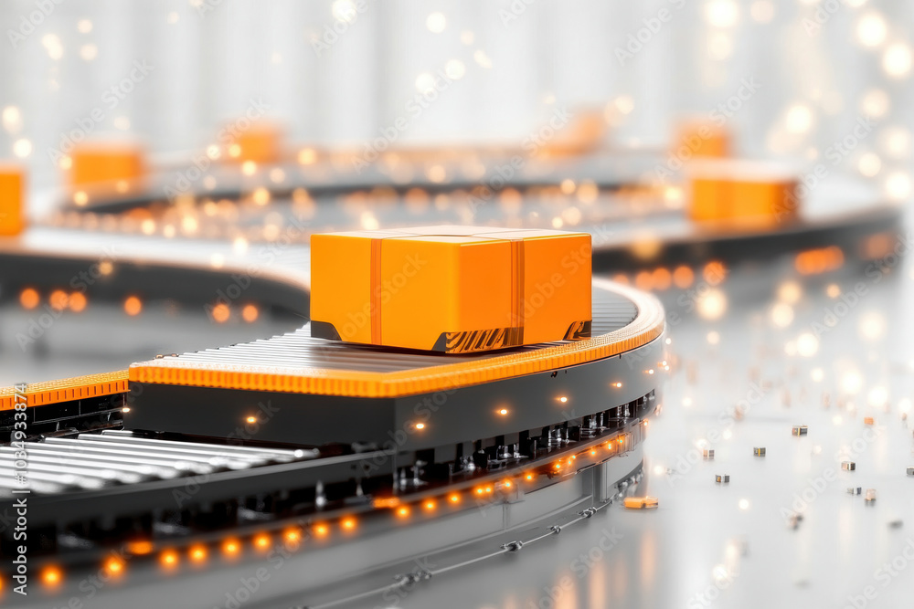 Poster automated conveyor system transporting orange boxes efficiently in modern warehouse setting, showcas