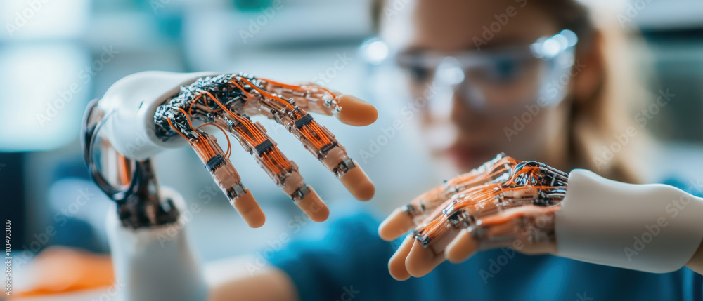 Poster close up of robotic joints and circuits being developed, showcasing intricate designs and technology