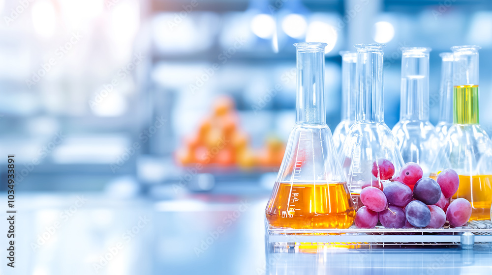 Aufkleber laboratory workspace features a collection of flasks filled with vibrant liquids alongside fresh gra