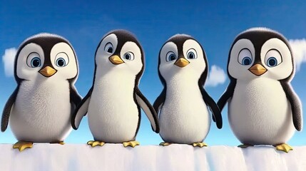 Fototapeta premium Penguins standing on the edge of a frozen glacier, looking out over the icy ocean, with a stunning icy blue sky overhead.