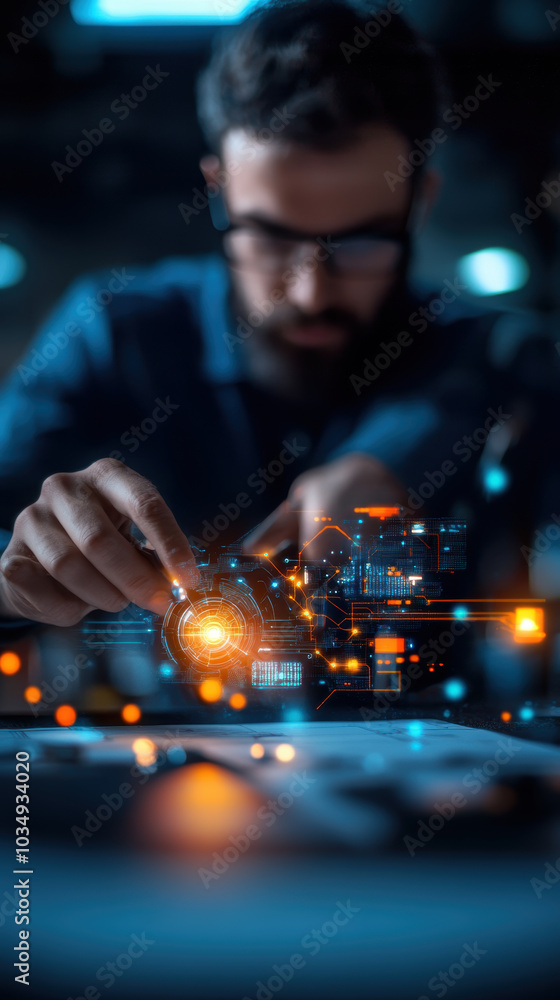 Poster engineer analyzing electrical blueprints with digital technology, showcasing innovation and precisio