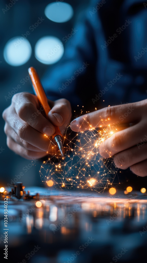 Poster innovative engineer working on electrical blueprints, creating connections with pen. scene captures 