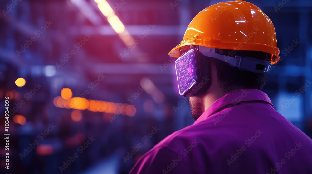 Poster innovative engineer wearing safety helmet and augmented reality headset in smart factory, observing 