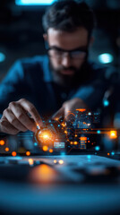 Engineer analyzing electrical blueprints with digital technology, showcasing innovation and precision in modern workspace. focus on intricate details highlights importance of technology in