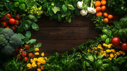 Fresh Vegetables and Herbs Arranged on a Wooden Tabletop with a Rustic Background