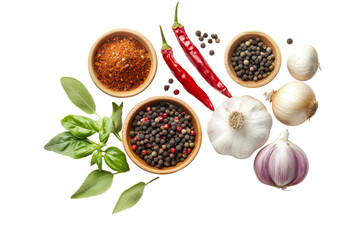 Various of spices and herbs including Garlic, onion, peppers, chili and other isolated on background, fragrant herbs for ingredients.