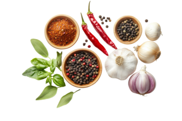 Various of spices and herbs including Garlic, onion, peppers, chili and other isolated on background, fragrant herbs for ingredients.
