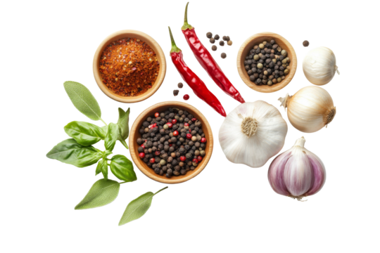 Various of spices and herbs including Garlic, onion, peppers, chili and other isolated on background, fragrant herbs for ingredients.