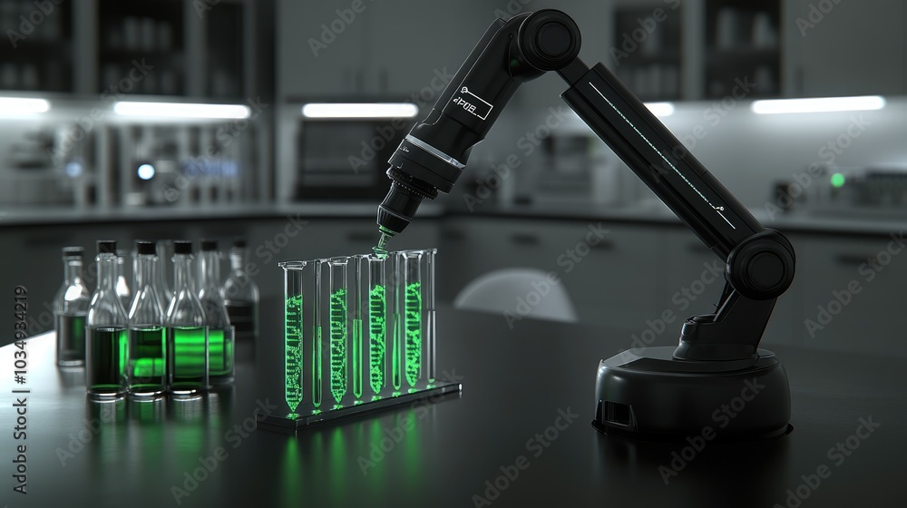 Aufkleber robotic arm, driven by dna sequencing, performing genetic modification tasks, surrounded by a high-t