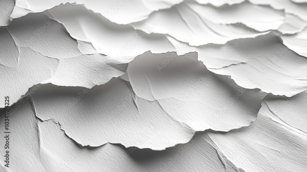 Leinwandbilder Textured white paper forms a layered composition, displaying irregular edges and soft shadows. The gentle interplay of light adds depth and artistry to the surface.
