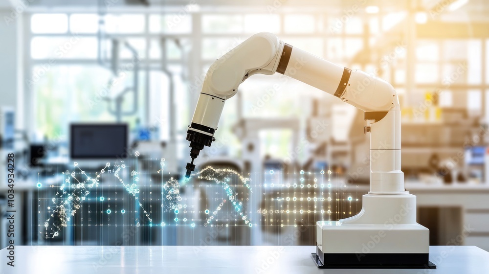 Poster robotic arm, driven by dna sequencing, performing genetic modification tasks, surrounded by a high-t