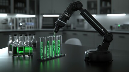 Obraz premium Robotic arm, driven by DNA sequencing, performing genetic modification tasks, surrounded by a high-tech lab filled with glowing DNA strands and molecular models.