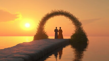 Fototapeta premium Romantic scene of bride and groom standing side by side under a wedding arch, looking out over a sunset beach during their vows.